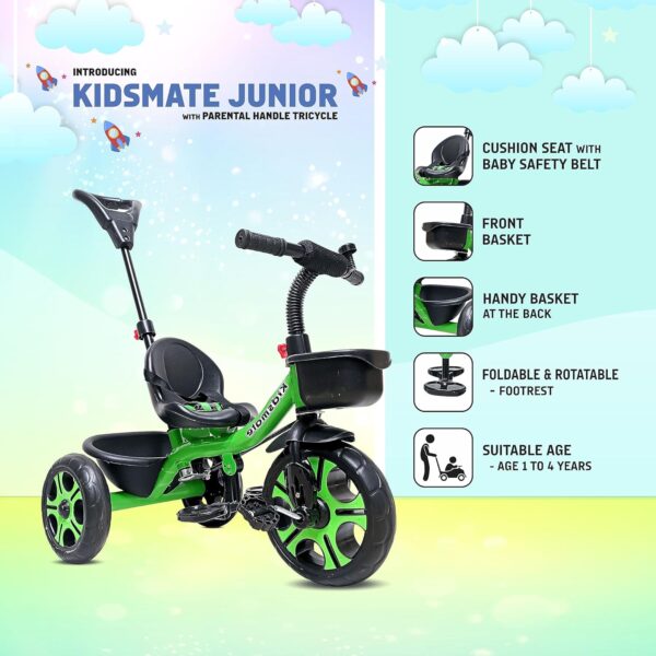 Kidsmate Junior Tricycle for Kids with Parental Control | Cycle for Kids 1-4 Years | Baby Cycle | Bicycle for Kids with Storage Basket, Cushion Seat and Seat Belt Carrying Capacity 30 Kgs (Green) - Image 8