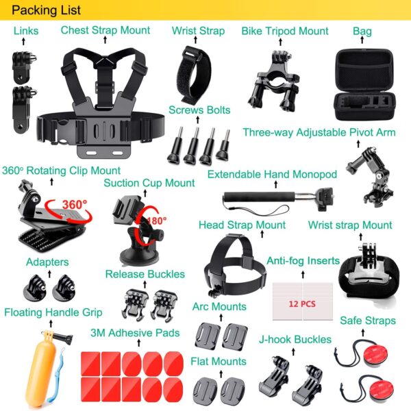 ADOFYS 49 in 1 Action Camera Accessory Kit Bundle Compatible for GoPro Hero 12/11/10/9 / 8/7/6/5 SJCAM/Akaso/Apeman/Xiaomi Yi Action Camera - Image 3