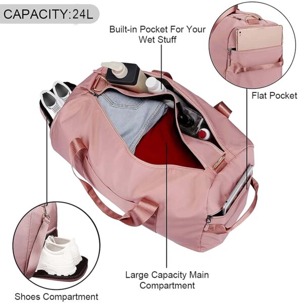 Storite Nylon 46 cm Foldable Travel Duffel Bag, Sports Gym Duffle Bag, Shoulder Handbag for Women, Outdoor Weekend Bag with Shoe and Wet Clothes Compartments (Pink,46x23x23 cm) - Image 4