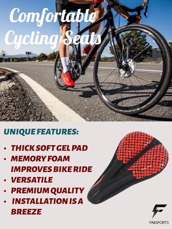 FABSPORTS Bike/Bicycle Seat Cover with Thick Soft Padded Gel & Memory Foam for Endurance and Long Rides for Cycling, Spinning Class, Exercise Bike etc | Cameo Black & Red - Image 4