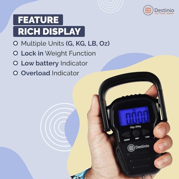 Destinio Premium Hanging Weight Machine 50kg - Portable Digital Weighing Scale for Luggage, Gas Cylinder & Travel, Wide Soft Handle, Extra Strap Included, Weighing Scale for Luggage Bags & Suitcase - Image 9