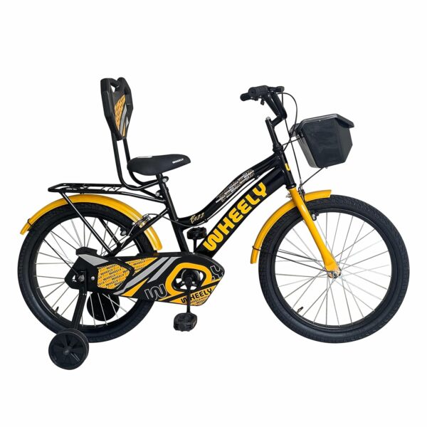 Wheely Buzz, 20T Kids Bike, 12 Inch Frame, Black-Orange, Single Speed Steel Frame Bike, with Front Basket, Back Rest and Rear Carrier, Ideal for 6-10 Years Unisex, Height 3.5-4.5 feet