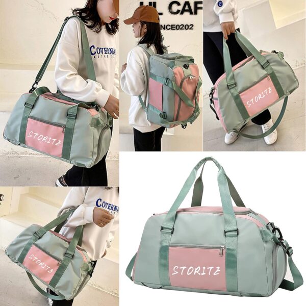 Storite Nylon 46 Cm Multi Purpose Travel Duffle Bag for Women with Dry and Wet Separate Pocket, Lightweight Waterproof Backpack Carry Luggage Bag with Shoe Compartment (GreenPink, 46x23x25 cm) - Image 7