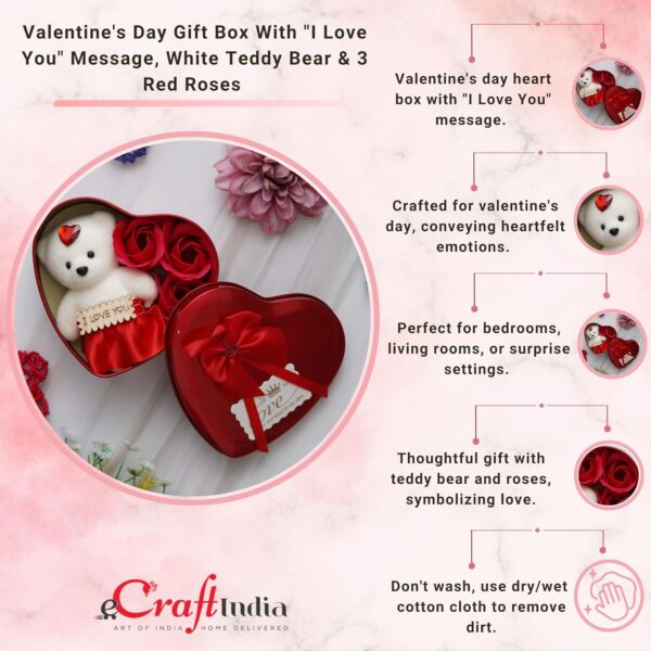 eCraftIndia Heart Shaped Valentines Day Gift Box with I Love You Message Teddy Bear 3 Red Roses| Valentine Gift for Girlfriend Boyfriend Husband Wife|Valentine Day Gifts|Valentine Day Decoration Items - Image 6