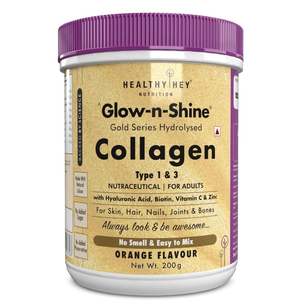 HealthyHey Skin Glow-n-Shine® Collagen Powder 200g | Hydrolysed Collagen for Women and Men with Hyaluronic Acid, Biotin and Vitamin C for Healthy Skin, Hair and Nails – (Orange, 200gm)
