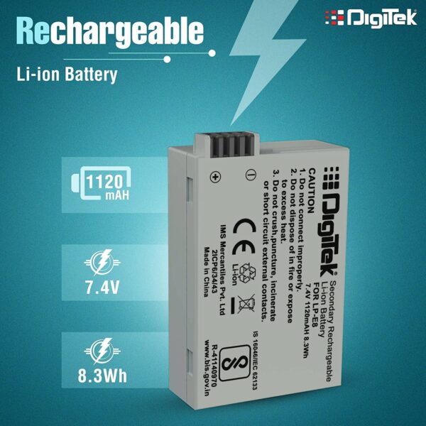DIGITEK® (LP E8) Lithium-ion Rechargeable Battery for DSLR Camera, 1120mAh, Eco Friendly & BIS Approved, Multi Protection, Compatible with Canon EOS 550D, 600D, 650D, 700D, Rebel T2i, T3i, T4i, T5i - Image 4