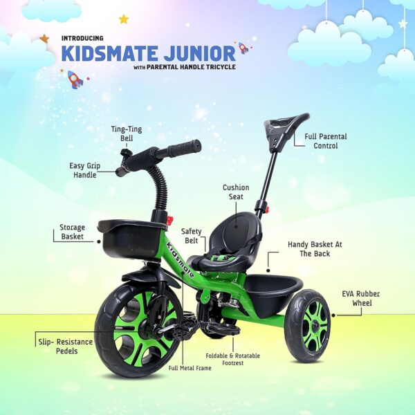 Kidsmate Junior Tricycle for Kids with Parental Control | Cycle for Kids 1-4 Years | Baby Cycle | Bicycle for Kids with Storage Basket, Cushion Seat and Seat Belt Carrying Capacity 30 Kgs (Green) - Image 3
