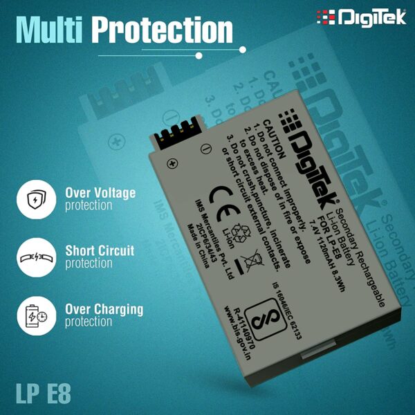 DIGITEK® (LP E8) Lithium-ion Rechargeable Battery for DSLR Camera, 1120mAh, Eco Friendly & BIS Approved, Multi Protection, Compatible with Canon EOS 550D, 600D, 650D, 700D, Rebel T2i, T3i, T4i, T5i - Image 3