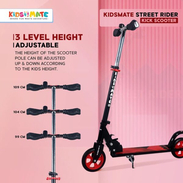 Kidsmate Street Rider Kick Scooter for Kids of Age 6-13 Years | 2 Wheel Scooter, Foldable Design, 3 Adjustable Height Option with Rear Braking | Max User Weight 50kg- Black - Image 6
