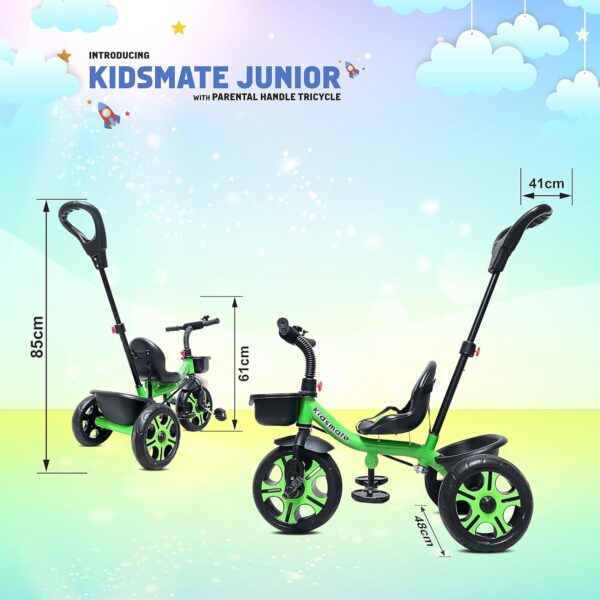 Kidsmate Junior Tricycle for Kids with Parental Control | Cycle for Kids 1-4 Years | Baby Cycle | Bicycle for Kids with Storage Basket, Cushion Seat and Seat Belt Carrying Capacity 30 Kgs (Green) - Image 4