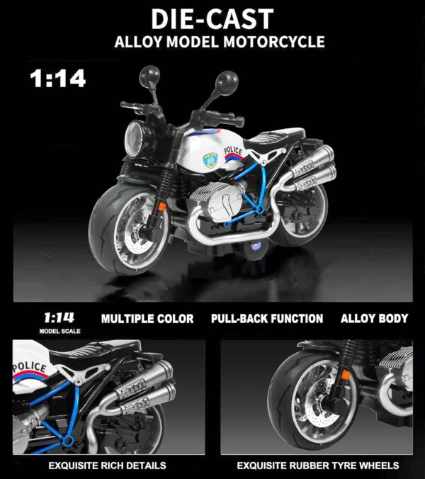 VGRASSP 1:14 Scale Model Pull Back Action Die Cast Bike Toy Vehicle for Kids - Rubber Tyres, Detailed Exterior Sports Motorcycle Toy - Color As Per Stock (Police Cruiser) - Image 6