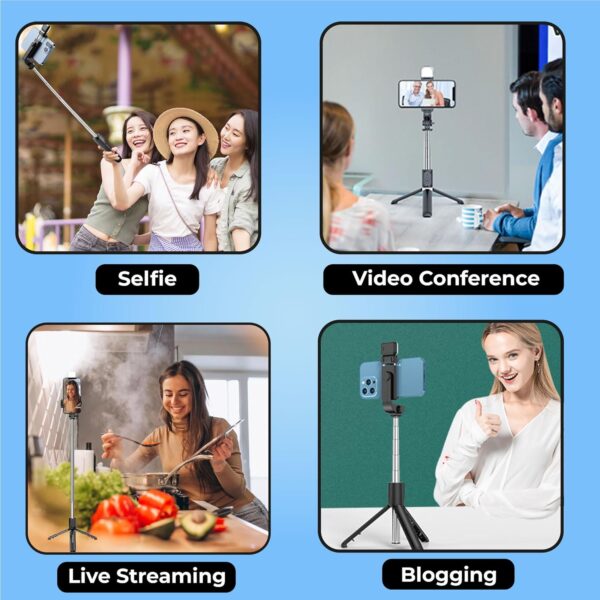 Kratos K2 Selfie Stick with Tripod Stand, 3 in 1 Multifunctional design, Rechargable LED Light with Two Brighness Levels for Make up, Selfie, Vlogging & Photo Shoot, Selfie stick with Bluetooth Remote - Image 9