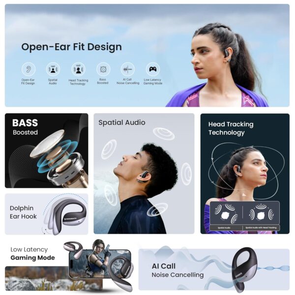 CrossBeats Arc Buds OWS Open Ear Wireless Earbuds | Spatial Audio Headphones & Head Tracking | Gaming Bluetooth Earphones | 100hr Playtime | 14.2mm Drivers IPX5 Rating Type-c Fast Charging (Black) - Image 3