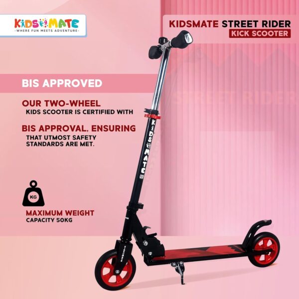Kidsmate Street Rider Kick Scooter for Kids of Age 6-13 Years | 2 Wheel Scooter, Foldable Design, 3 Adjustable Height Option with Rear Braking | Max User Weight 50kg- Black - Image 7