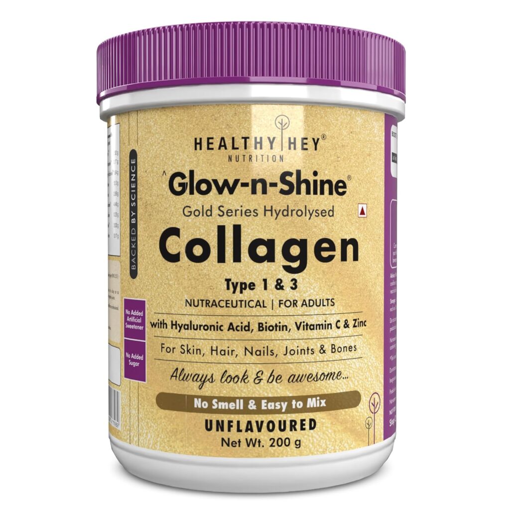 HealthyHey Skin Glow-n-Shine Collagen Powder 200g | Hydrolysed Collagen for Women and Men with Hyaluronic Acid, Biotin and Vitamin C for Healthy Skin, Hair and Nails – (Unflavoured, 200gm)