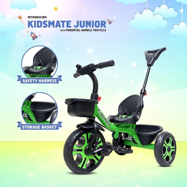 Kidsmate Junior Tricycle for Kids with Parental Control | Cycle for Kids 1-4 Years | Baby Cycle | Bicycle for Kids with Storage Basket, Cushion Seat and Seat Belt Carrying Capacity 30 Kgs (Green) - Image 7
