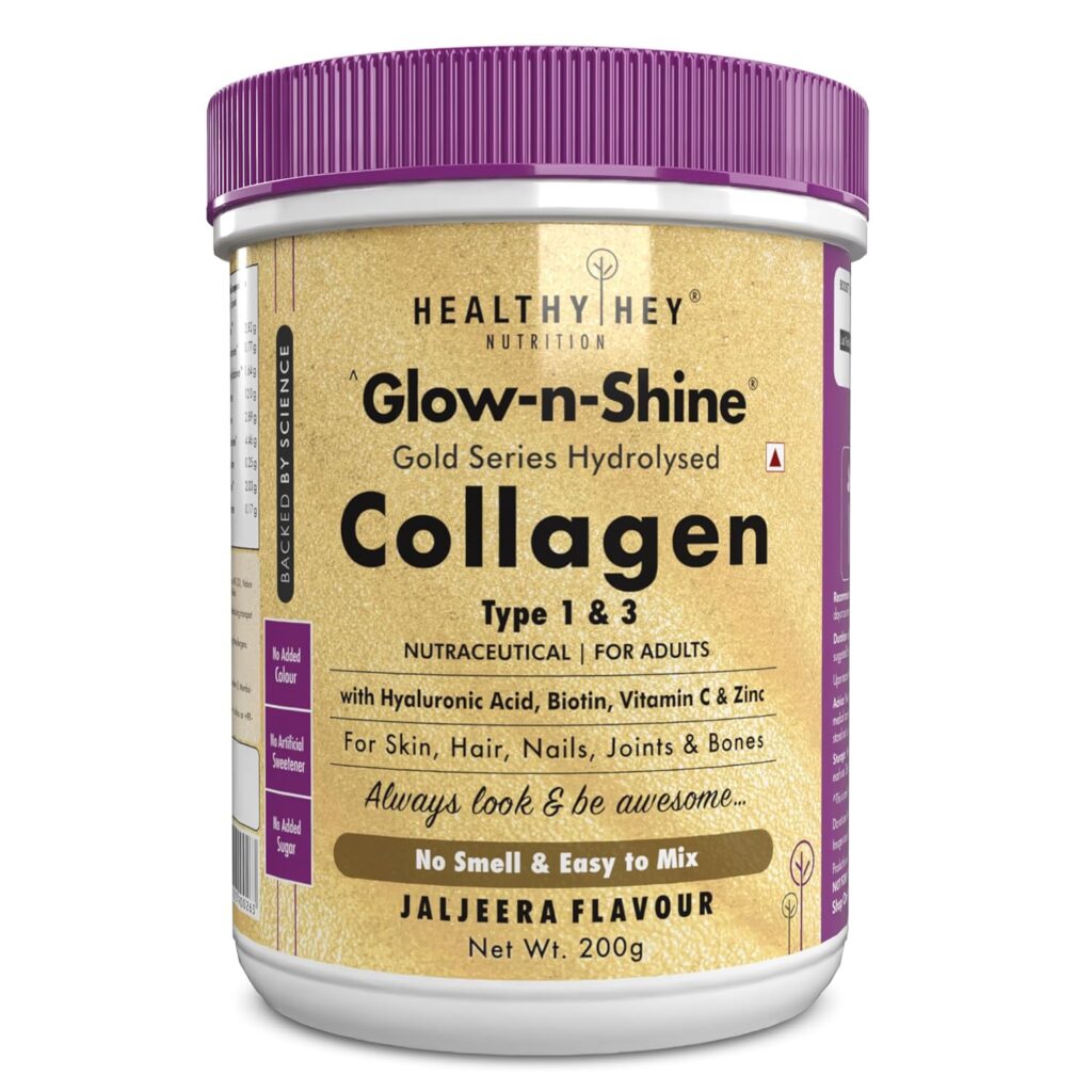HealthyHey Skin Glow-n-Shine Collagen Powder 200g | Hydrolysed Collagen for Women and Men with Hyaluronic Acid, Biotin and Vitamin C for Healthy Skin, Hair and Nails – (Jaljeera, 200gm)