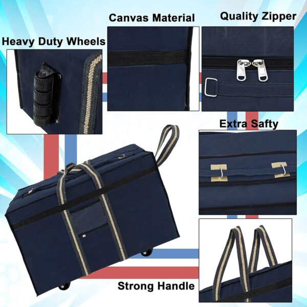 NISUN Canvas 90 Liter Large Strong Carry-On Luggage Travel Luggage Duffel Storage Bag With Six Spinner Wheels & Front Transparent Pocket (Blue, 73 X 27.5 X 45 Cm) - Image 4