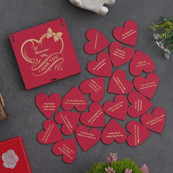eCraftIndia Red Wooden 20 Reasons Why I Love You Printed on Little Hearts Valentine Gift Box| Valentine Gift for Girlfriend Boyfriend Husband Wife|Valentine Day Gifts|Valentine Day Decoration Items - Image 2