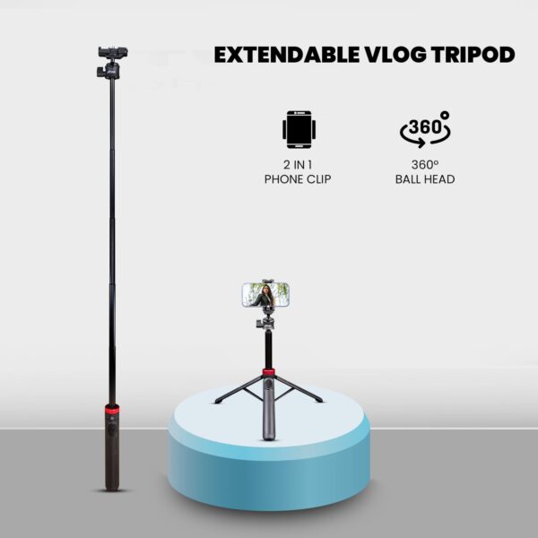 HIFFIN HTR-44 Extendable Phone Tripod with Bluetooth Button, 44" Selfie Stick Tripod Stand with 2 in 1 Phone Clip, 360° Ball Head Camera Tripod for Smartphones and Cameras, Lightweight for Travel - Image 3