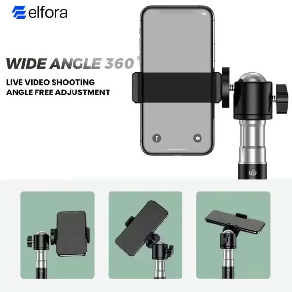 Elfora 7 Feet 360° Rotation Tripod Stand | Lightweight and Sturdy Design with Adjustable Mobile Clip Holder Compact for Photography and Videos | Compatible with All Mobiles & Cameras (Black) - Image 4