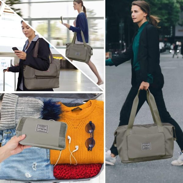 Eranqo Foldable Nylon Duffle Bag For Travelling|Waterproof And Large Travel Bag For Women's Luggage|Expandable & Multipurpose Large Capacity Weekender Carry Bag For Women's Travel (Grey-Green)23 Cms - Image 8