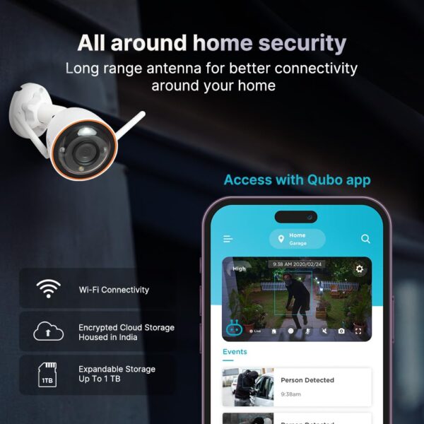 QUBO Smart Outdoor 2K 3MP 1296p WiFi Bullet Camera from Hero Group | Color Night Vision | AI Person Detection | Smart Spotlight | IP66 Weather Resistant | Made in India | 2024 Launch | - Image 7