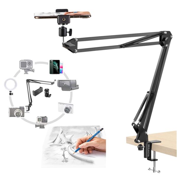 BROLAVIYA Overhead Video Mobile Stand, Metal Long Arm,1/4" Ball Head Male for Camera,Gopro Webcams,Mobile Bracket for Video,Desktop,Bedroom, Office, Table Mount, Black - Image 2