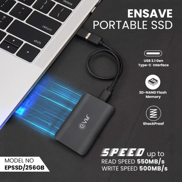 EVM EnSave External SSD 256GB - Smallest Portable SSD - 550 Mb/s Read & 500 Mb/s Write - USB 3.1 Gen 2 Type C - 10 Years Warranty (EPSSD/256GB) - Image 3