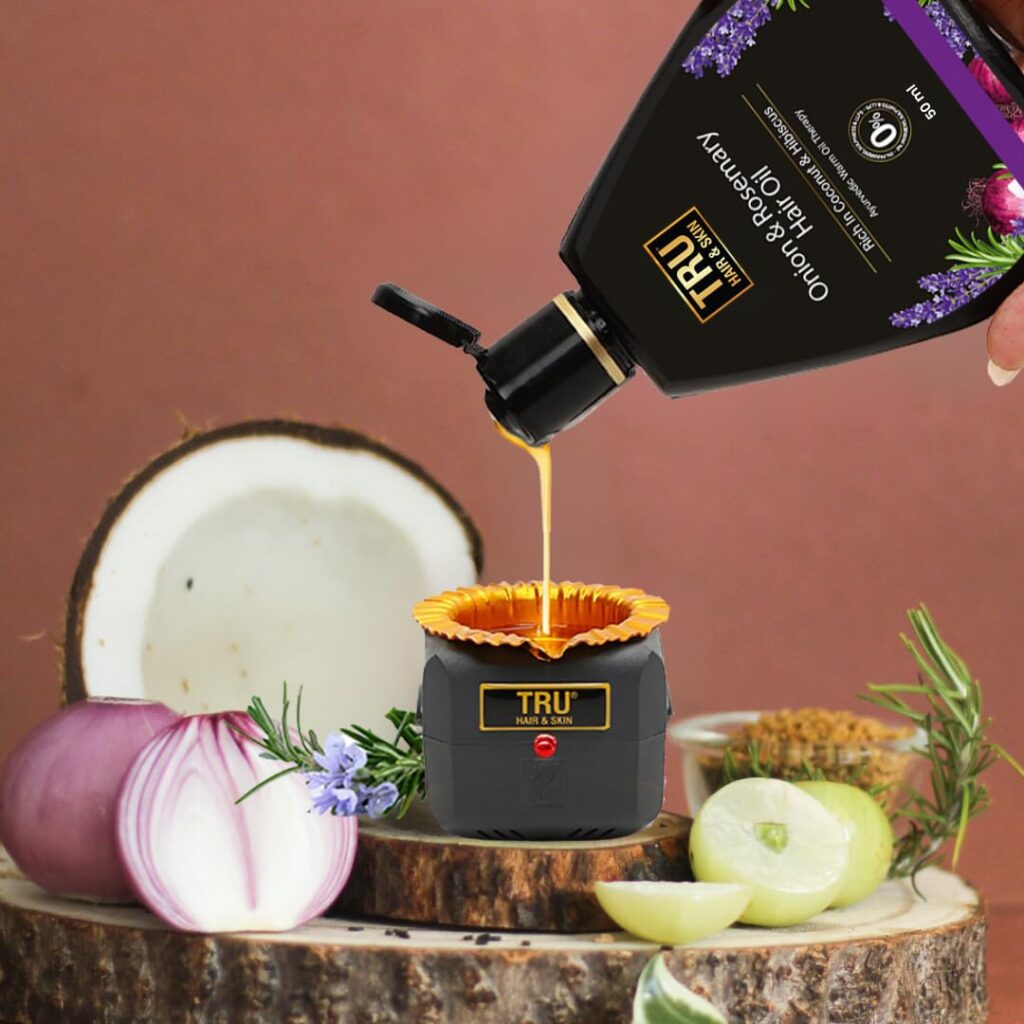 TRU HAIR & SKIN Onion & Rosemary Hair Oil with Free Heater | Fights hair fall & promotes hair growth -110 ml | 100% pure, natural |