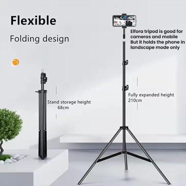 Elfora 7 feet Lightweight Tripod Stand with Mobile Phone Holder | Landscape Mode Only | Portable and Sturdy for Stable Photos & Videos | Compatible for Mobiles, Lights, Reflectors and Cameras(Black) - Image 7