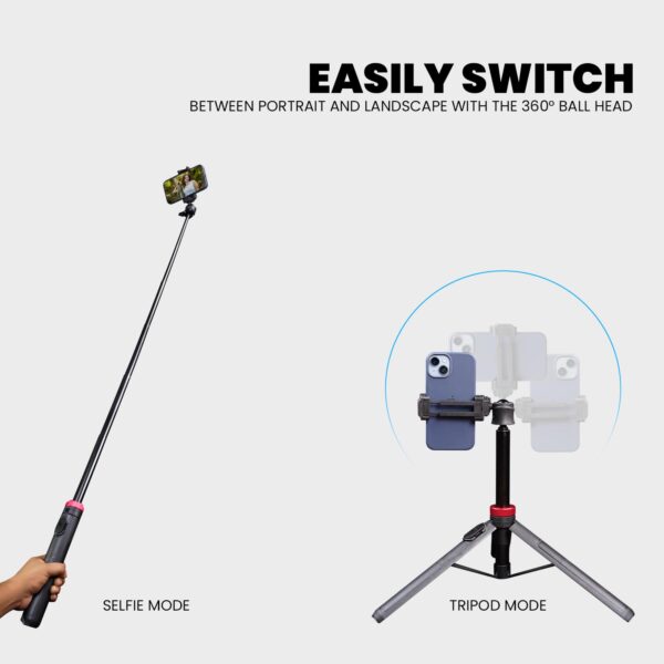 HIFFIN HTR-44 Extendable Phone Tripod with Bluetooth Button, 44" Selfie Stick Tripod Stand with 2 in 1 Phone Clip, 360° Ball Head Camera Tripod for Smartphones and Cameras, Lightweight for Travel - Image 6