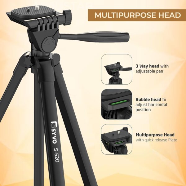 Syvo S-520 (57 Inch) Lightweight Aluminum Tripod with Mobile Holder for DSLR Camera & Smartphone with Operating Ht. 4.75 Ft, Max Load Capacity Upto 2kgs with 360 Degree Ball Head, Carry Bag Included - Image 5