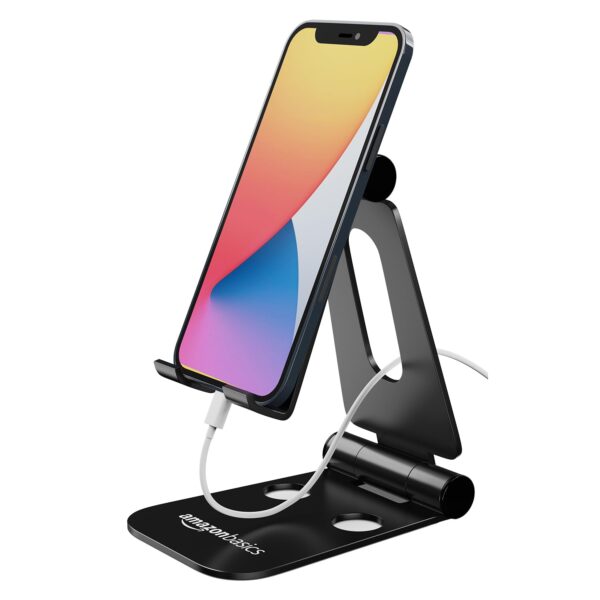 amazon basics Aluminum Adjustable Mobile Phone Foldable Tabletop Stand Dock Mount for All Smartphones, Tabs, Kindle, iPad (Black) - Image 2