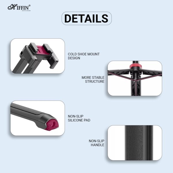 HIFFIN HTR-44 Extendable Phone Tripod with Bluetooth Button, 44" Selfie Stick Tripod Stand with 2 in 1 Phone Clip, 360° Ball Head Camera Tripod for Smartphones and Cameras, Lightweight for Travel - Image 8