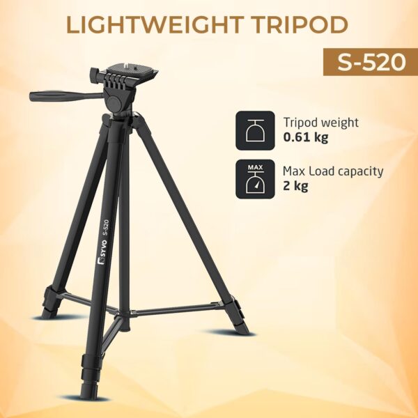 Syvo S-520 (57 Inch) Lightweight Aluminum Tripod with Mobile Holder for DSLR Camera & Smartphone with Operating Ht. 4.75 Ft, Max Load Capacity Upto 2kgs with 360 Degree Ball Head, Carry Bag Included - Image 3