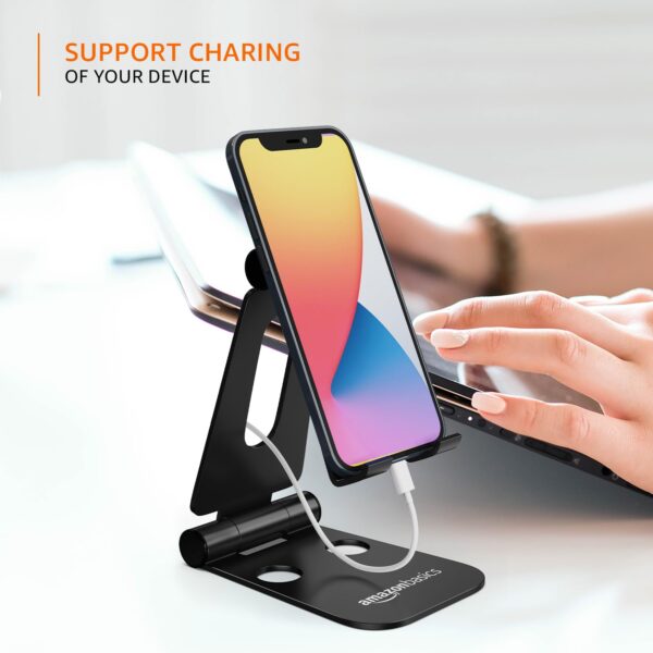 amazon basics Aluminum Adjustable Mobile Phone Foldable Tabletop Stand Dock Mount for All Smartphones, Tabs, Kindle, iPad (Black) - Image 5