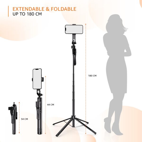 Amazon Basics Selfie Stick | 180 cm Extendable with Handheld Stabilizer | Compatible with Mirrorless/Action Camera, Ring Light, Gopro | Bluetooth Remote, Ideal for Selfies, Vlogging, Black - Image 8