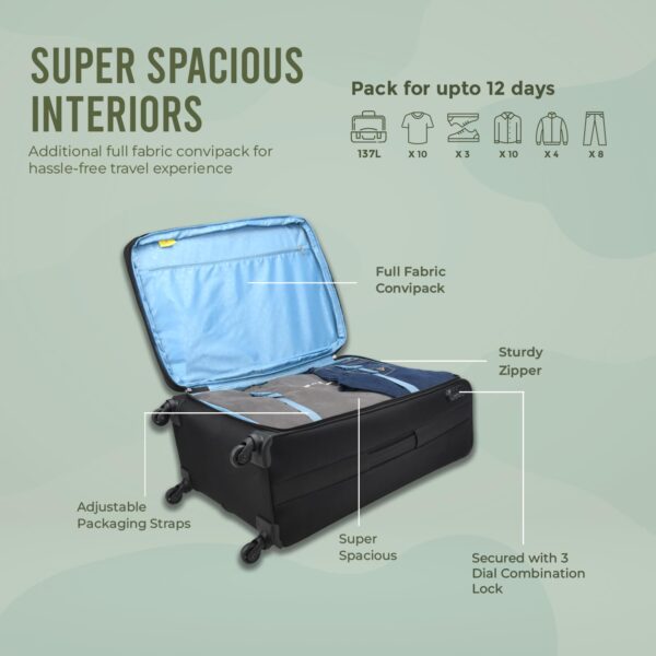 Aristocrat Commander 79Cms Premium Polyester with PVC Coating Soft Sided Check-in 4 Wheels Large Black Spinner Suitcase - Image 4
