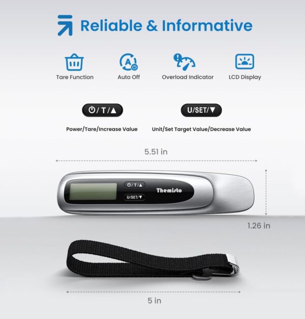 Themisto TH-WS11 Digital Luggage Scale with Target Value Setting (50kg), Silver - Image 6