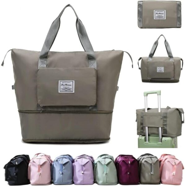 Eranqo Foldable Nylon Duffle Bag For Travelling|Waterproof And Large Travel Bag For Women's Luggage|Expandable & Multipurpose Large Capacity Weekender Carry Bag For Women's Travel (Grey-Green)23 Cms - Image 2