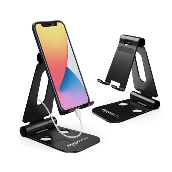 amazon basics Aluminum Adjustable Mobile Phone Foldable Tabletop Stand Dock Mount for All Smartphones, Tabs, Kindle, iPad (Black) - Image 9