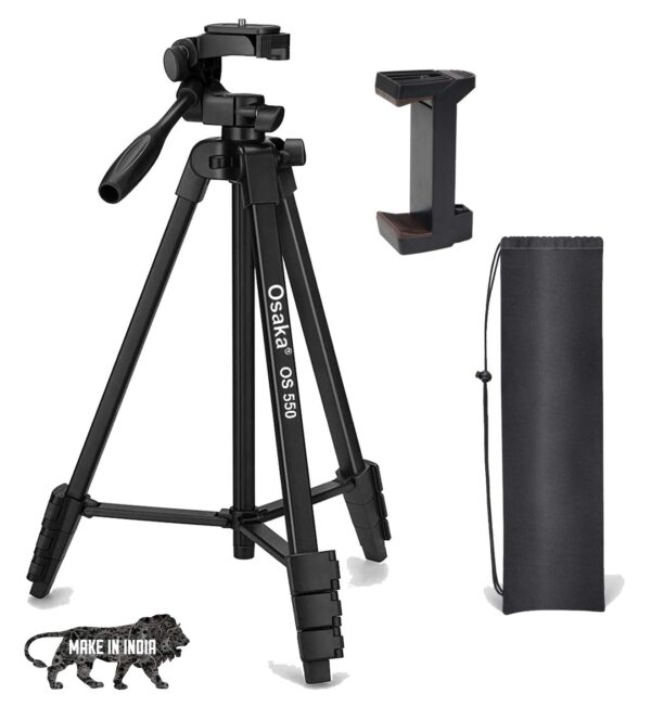 Osaka OS 550 Tripod 55 Inches (140 cm) with Mobile Holder and Carry Case for Smartphone & DSLR Camera Portable Lightweight Aluminium Tripod - Image 2