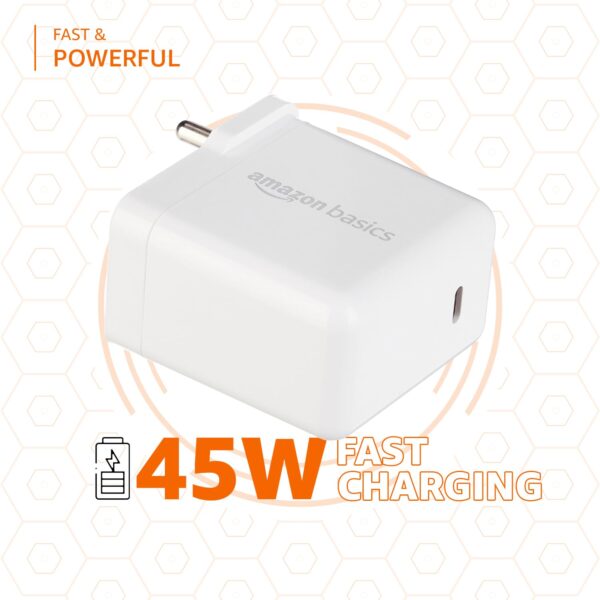 Amazon Basics 45W Compact Wall Charger | Type-C Fast Charging Adapter for Samsung, Xiaomi, OnePlus, Google Pixel, Nothing Phones and iPhone (White, Without Cable) - Image 3
