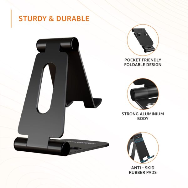 amazon basics Aluminum Adjustable Mobile Phone Foldable Tabletop Stand Dock Mount for All Smartphones, Tabs, Kindle, iPad (Black) - Image 3