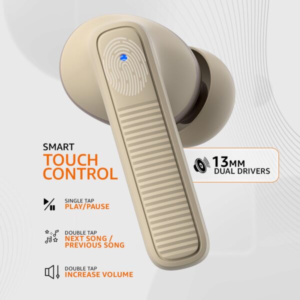 amazon basics TWS in-Ear Earbuds (AB-T17) with Fast Charging up to 70 Hours of Playtime | Dual 13mm Driver | IPX4 Water-Resistance | Bluetooth 5.3 | Charging Case with Mic | Touch Control (Beige) - Image 4