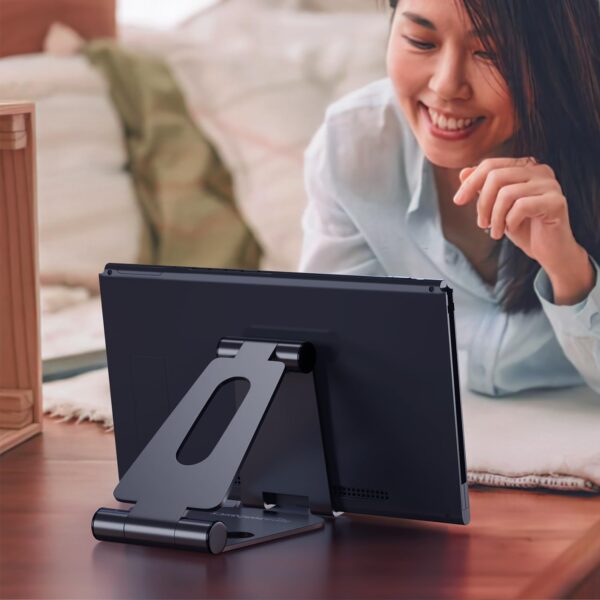 amazon basics Aluminum Adjustable Mobile Phone Foldable Tabletop Stand Dock Mount for All Smartphones, Tabs, Kindle, iPad (Black) - Image 6