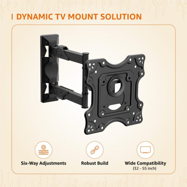 Amazon Basics Wall Mount for 32 to 55 inch TV with 6-Way Swivel Tilt | Full Motion Cantilever for LED, LCD, Plasma TV | Six-Way Precision Adjustments | Effortless Setup & Modern Minimalism (Black) - Image 4