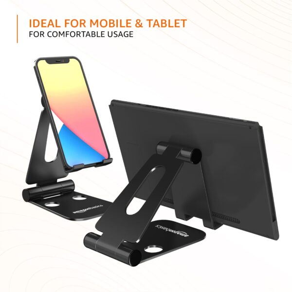 amazon basics Aluminum Adjustable Mobile Phone Foldable Tabletop Stand Dock Mount for All Smartphones, Tabs, Kindle, iPad (Black) - Image 4