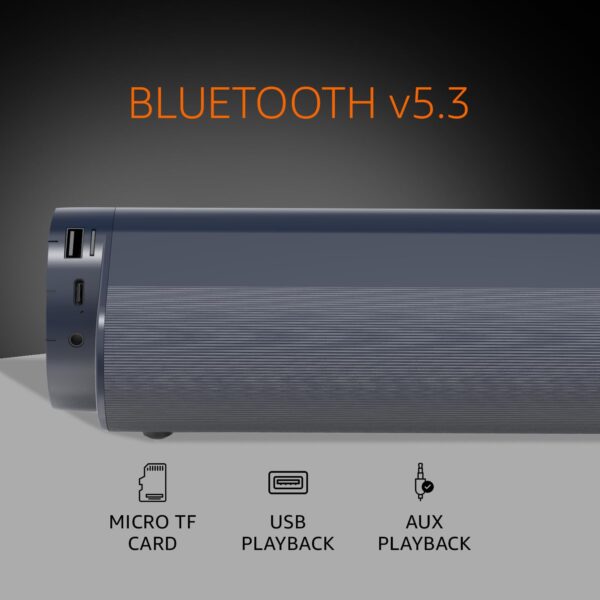 amazon basics SB25R 25W Bluetooth Soundbar with 3600 mAh Battery | 2X Bass | Up to 10 hrs of Playback | Blue LED Lights | Bluetooth 5.3, Aux & USB Connectivity (Slate Grey) - Image 7